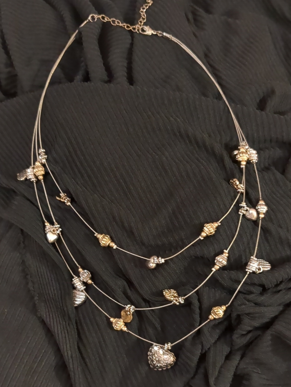 Two-Tone Gold & Silver Multi-Strand Heart Pendant Necklace
